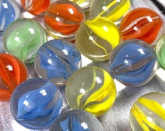 Ribbon swirl glass marbles, 25pcs, 14mm cat's eye style marbles clear with color ribbons, new machine made (I0262, 0263)