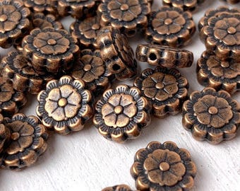 50 copper flower beads, flat round 9mm alloy disc spacer beads with flower design for jewelry making, boho vintage style spacer bead (L0306)