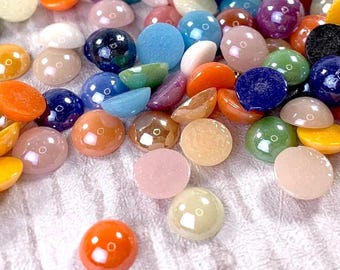 200 pcs porcelain glass half round cabochons, 6 or 13mm opaque pearlized glass dots, mixed color flat back undrilled cabochons (B0078)