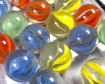 Ribbon swirl glass marbles, 25pcs, 14mm cat's eye style marbles clear with color ribbons, new machine made (I0262, 0263)