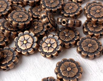 50 copper flower beads, flat round 9mm alloy disc spacer beads with flower design for jewelry making, boho vintage style earring spacer bead