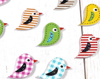 Wood bird buttons for crafts, 2-hole bird buttons for button art, sewing, mixed printed stripes, solid, and plaid designs, 20x15mm, 20 pc