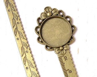 10 floral ruler bookmark blanks, ~5.25" vintage style bronze finish metric ruler with 20mm tray, DIY bookish gifts, craft night idea (B0094)