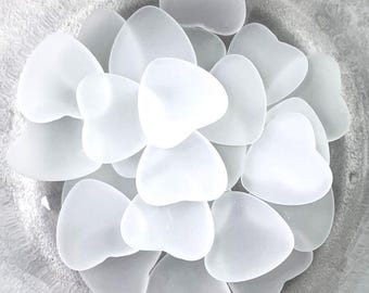 White tumbled glass hearts, glass heart confetti table scatter for ocean wedding table decor, sea glass cabochons for crafting mosaic, 25 pc