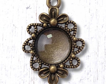 Floral pendant settings w/ glass cabochons, 10 sets, 30mm antique bronze pendants with 12mm cab tray for DIY jewelry, earrings