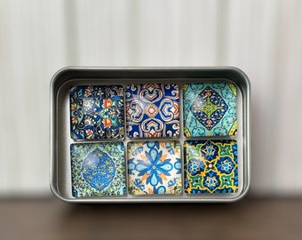 Moroccan style tile assorted magnet set in gift tin, glass magnets for fridge, end of school year teacher appreciation gifts, for coworker