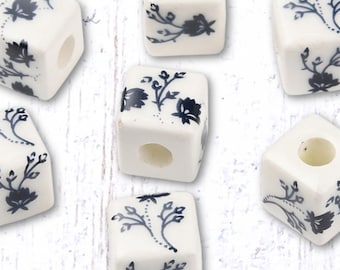 10 porcelain cube beads with flower print, 10x10x10mm white with chinoiserie-style blue florals, 4mm hole