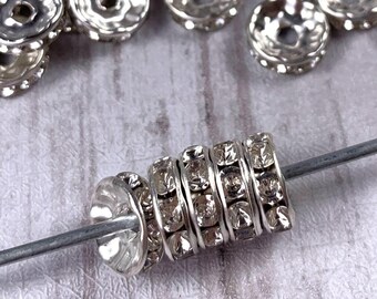 Rhinestone spacer beads, sparkly beads for beadable pens, silvery or golden spacers with clear glass rhinestones, 10mm, 2mm hole, 50 pcs