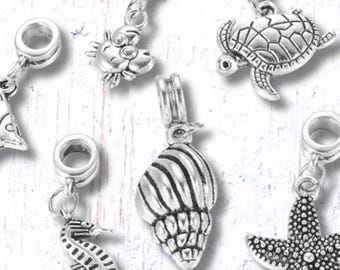 Dangle charms for bracelet, set of ocean themed charms for DIY garden stakes, large hole ocean animal mixed charms craft supply, set of 6