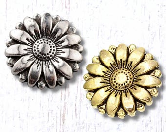 Metal flower buttons, 10 pcs, 17.5mm flower shaped shank button for clasps, leather jewelry, sewing, button art, gold or silver finish