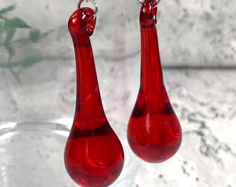 Red glass raindrop earrings, ruby red glass teardrop dangle earrings, Christmas bulb ornament jewelry, glass anniversary gift for wife