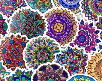 50 mandala stickers, 2" flower of life style patterned vinyl stickers, colorful boho accents for cards, scrapbooks, junk journals, tumblers