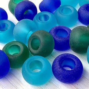 20 large hole sea glass style beads, ~13.5x9mm with 5.5mm hole, blue, aqua, cultured sea glass beads (C0137)