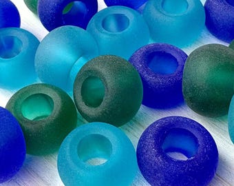 20 large hole sea glass style beads, ~13.5x9mm with 5.5mm hole, blue, green, aqua, cultured sea glass beads (C0137)