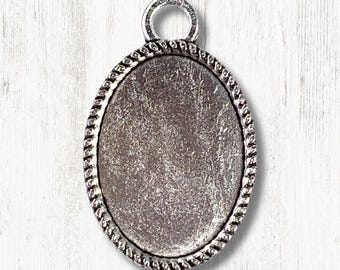 Oval pendant settings with glass cabochons, 5 sets, 24mm antique silver pendant with cab frame for DIY jewelry, bouquet photo charms (B0097)