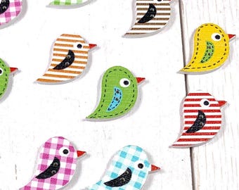 Wood bird buttons for crafts, 2-hole bird buttons for button art, sewing, mixed printed stripes, solid, plaid, 20x15mm, 20 pc (C0107)