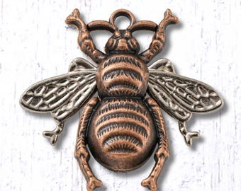 5 large bee pendants, copper and silver colored alloy bumble bee charms, 37.5x40mm 3D honey bee pendants for jewelry, bag charms (L0317)