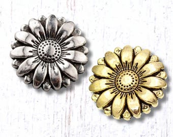 Metal flower buttons, 10 pcs, 17.5mm flower shaped shank button for clasps, leather jewelry, button art, gold or silver finish (M0327/1)
