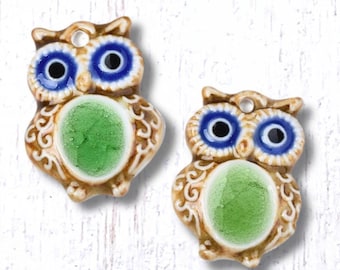 Porcelain owl pendants, 2 pcs, 40x29.5 mm, folk art style hand painted owl charms with crackle glaze for jewelry and crafts