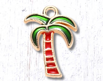 Palm tree charms, 10 pcs, 18x13mm alloy with enamel, tropical tree charms with loop, light gold finish, for ocean beachy themed crafts