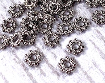 Metal daisy spacer beads, 5.5x1.5mm flat round beads with 2mm hole, antique silver colored metal layering beads for jewelry making, 100 pcs