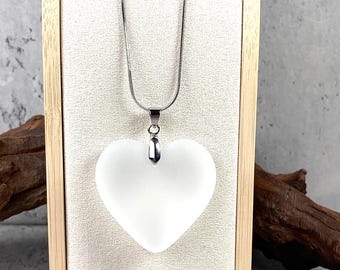 Sea glass heart necklace, beachy glass jewelry, ocean themed wedding jewelry for bridesmaid, oversized puffy heart necklace, unique necklace