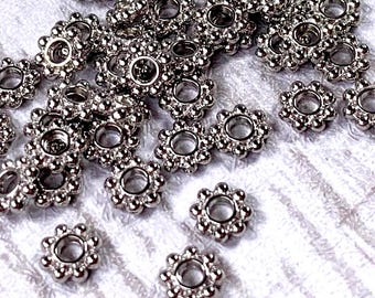 Metal daisy spacer beads, 5.5x1.5mm flat round beads with 2mm hole, antique silver colored metal layering beads for jewelry making, 100 pcs