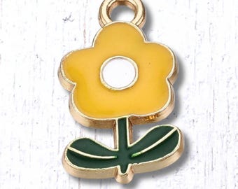 Flower charm, 10 pcs, 19x11mm alloy with enamel yellow flower with leaves and stem, golden finish, for floral themed jewelry and crafts