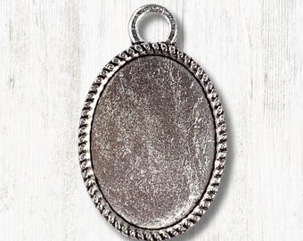 Oval pendant settings with glass cabochons, 5 sets, 24mm antique silver pendant with cab frame for DIY jewelry, bouquet charms, photo charms