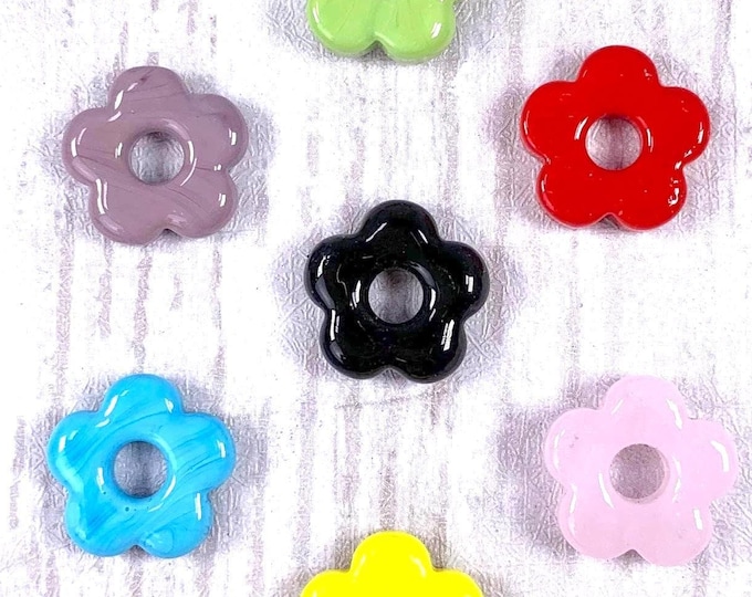 Featured listing image: 10 lampwork glass flower pendants, 15mm w/ large 5mm center hole, opaque 5 petal flower beads for jewlery, connector links (C0116)