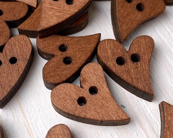 20 wood heart buttons for crafts, 2-hole stained wood hearts, cute embellishments for button art, sewing, cards, 18.5x16.5mm (C0111)
