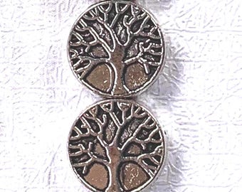 Metal spacer beads with tree pattern, 20 pcs tree of life beads, nature beads for jewelry, silvery finish flat coin beads 9x3 mm, 2mm hole