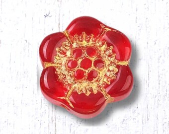 Glass flower beads with gold wash, 20 pcs, 14x4.5mm red with gold anemone beads, wild rose beads for jewelry (A0001)