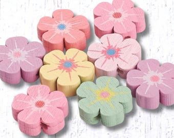 Wooden pastel flower beads, 20 pcs, 16mm w/ 1.5mm hole, cherry blossom shaped 5 petal beads for DIY garlands, macrame (C0124)