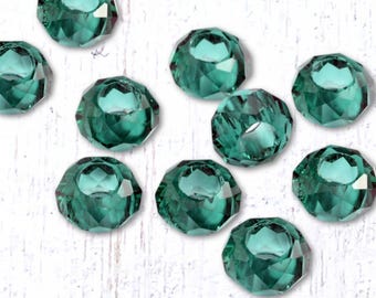 Large hole teal glass faceted beads no metal core, 10 pcs 13.5x7.5 mm, European beads (C0122)