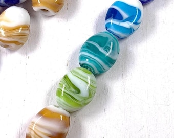 Lampwork glass focal beads, chunky ~21mm with 2mm hole, swirled glass flat oval beads, 10 large statement beads for jewelry crafts (A0036)