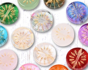10 sunburst coin beads, 13mm flat round glass beads with color wash and golden inlay, random assorted colors