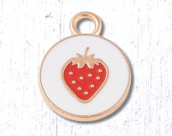Round charm with strawberry, 10 pcs, 17x13mm alloy with enamel, light gold finish, cute fruit strawberry charms for jewelry and crafts