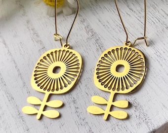 Retro dandelion dangle earrings, Scandinavian folk art style flower earrings, gold or silver finish, stainless steel ear wires, 2.1" length