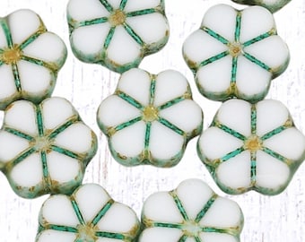 10 Czech glass flower beads, white with green picasso wash, 10x9.5mm