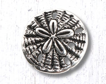 Metal sand dollar buttons, 10 pcs, 18.5mm antique silver with shell pattern, shank button for clasps, leather jewelry, sewing, button art