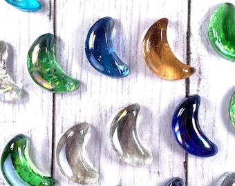 Glass moon gems assorted color mix, 18-19 pc, approx 43x24mm crescent moon cabs, mosaic glass, garden stones, stained glass supplies