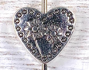 Metal heart spacer beads with flower pattern, heart shaped floral beads for jewelry, 2-sided bead silvery finish 13x12mm, 1.2mm hole, 20 pcs