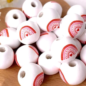Red and pink rainbow painted wooden round beads, 20 pcs, 15.5 mm, large 3mm+ hole beads for DIY garland, beadable items, Valentine's crafts