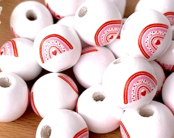 Red and pink rainbow painted wooden round beads, 20 pcs, 15.5 mm, large 3mm+ hole beads for DIY garland, beadable items, Valentine's crafts