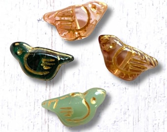 Glass bird beads with gold wash, 20 pcs, 22x11.5mm, mixed colors, Czech-style glass sparrow beads, 1mm hole