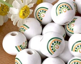 Green and gold rainbow painted wooden round beads, 20 pcs, 15.5 mm, large 3mm+ hole beads for DIY garland, beadable items, St. Patrick's Day