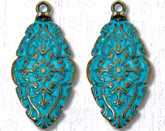 2 antique bronze floral pendants with blue patina, 56.5x28mm oversized alloy charms with embossed floral and scroll design (G0225)