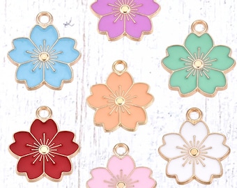 Sakura flower charms, 10 pcs, 20x17mm alloy with enamel, cherry blossoms with golden finish for floral themed jewelry and crafts