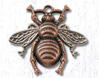 5 large bee pendants, copper and silver colored alloy bumble bee charms, 37.5x40mm 3D honey bee pendants for jewelry, bag charms (L0317)